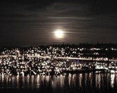 Full Moon Dark Black Sepia Night City Lights 8x10 Photography Print
