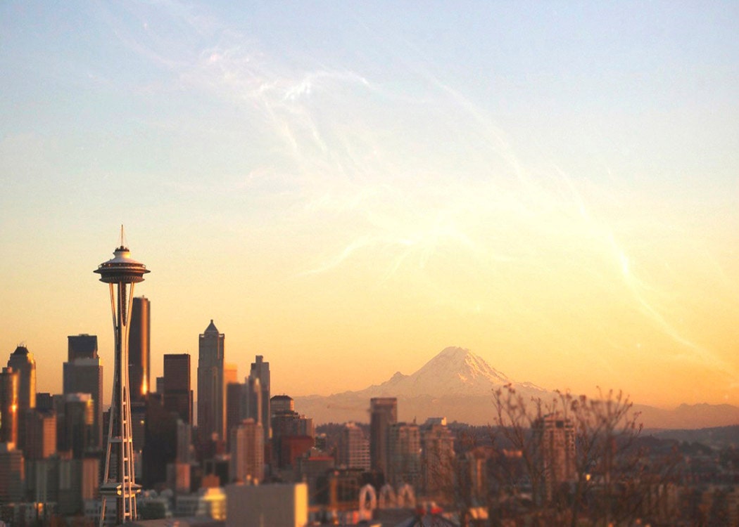 ACEO Seattle Skyline Space Needle Mount Rainier Sunset Photography Print