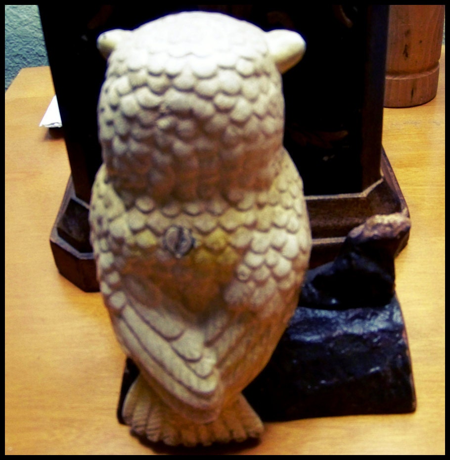 SOLD Reserved for Tamara Vintage Cast Iron Owl Money Bank