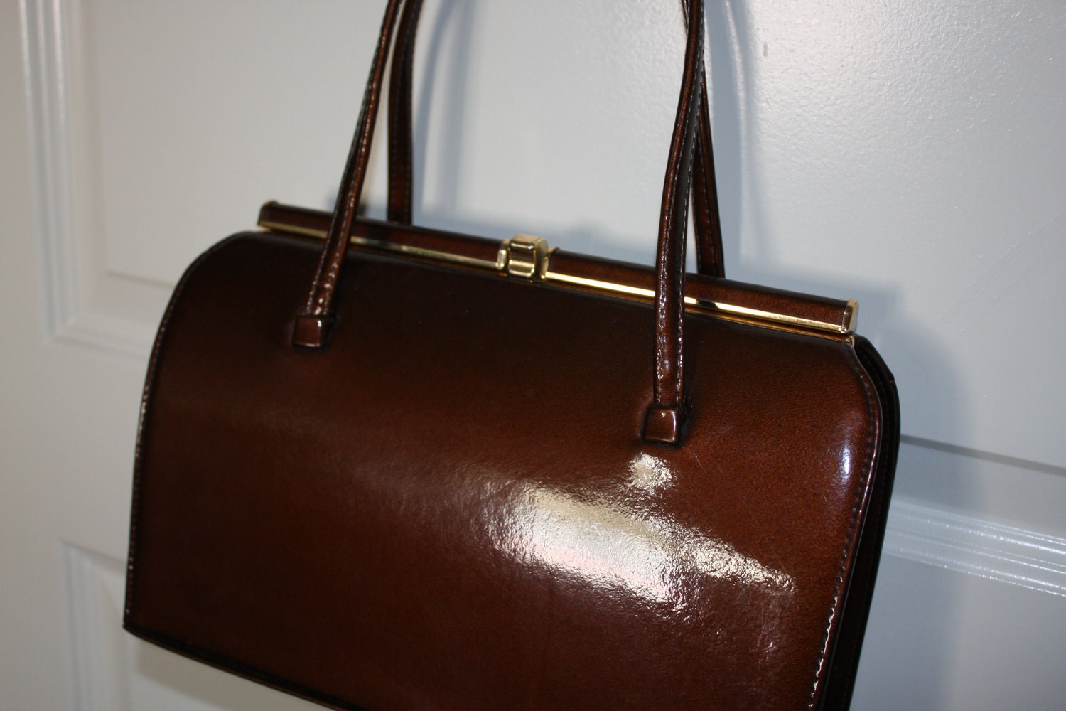 Vintage 1950s/early 1960s Bronze Patent Leather Kelly Style Handbag Bag by Gold Cross