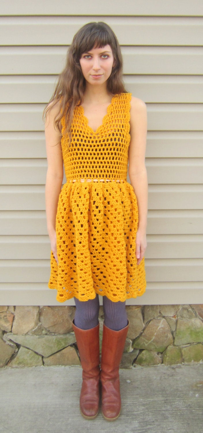 Yellow crochet dress, vintage style dress, mustard yellow, size small to medium