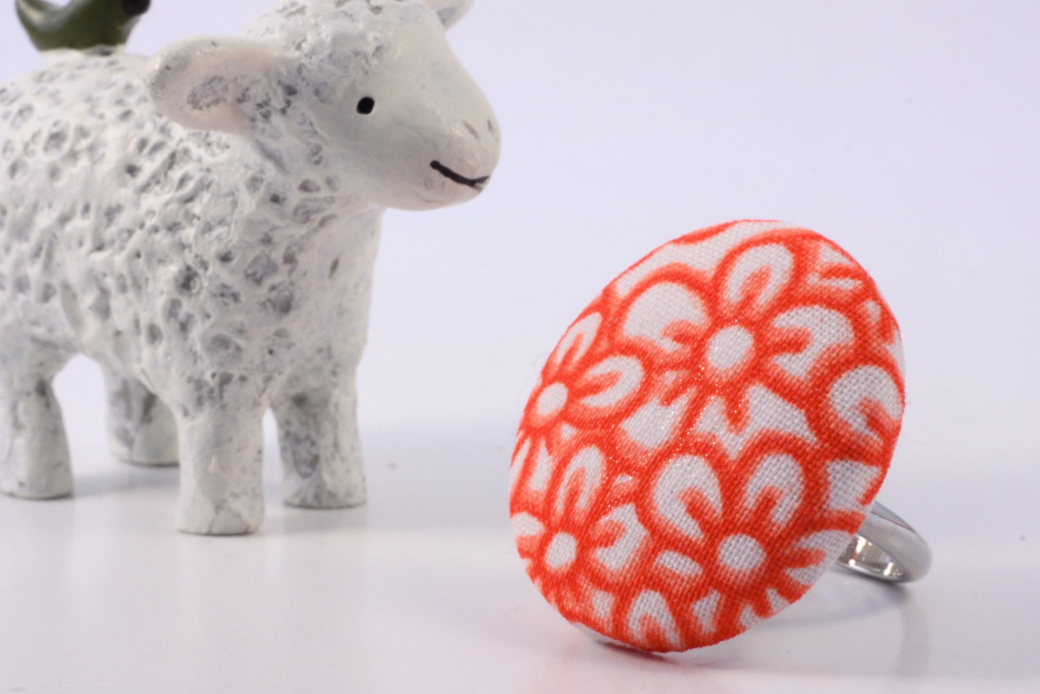 Japanese Kimono Fabric Ring, Neon Orange Flowers from Japan