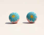 Blue Flower Printed Japanese Kimono Fabric Stud Earrings from Japan