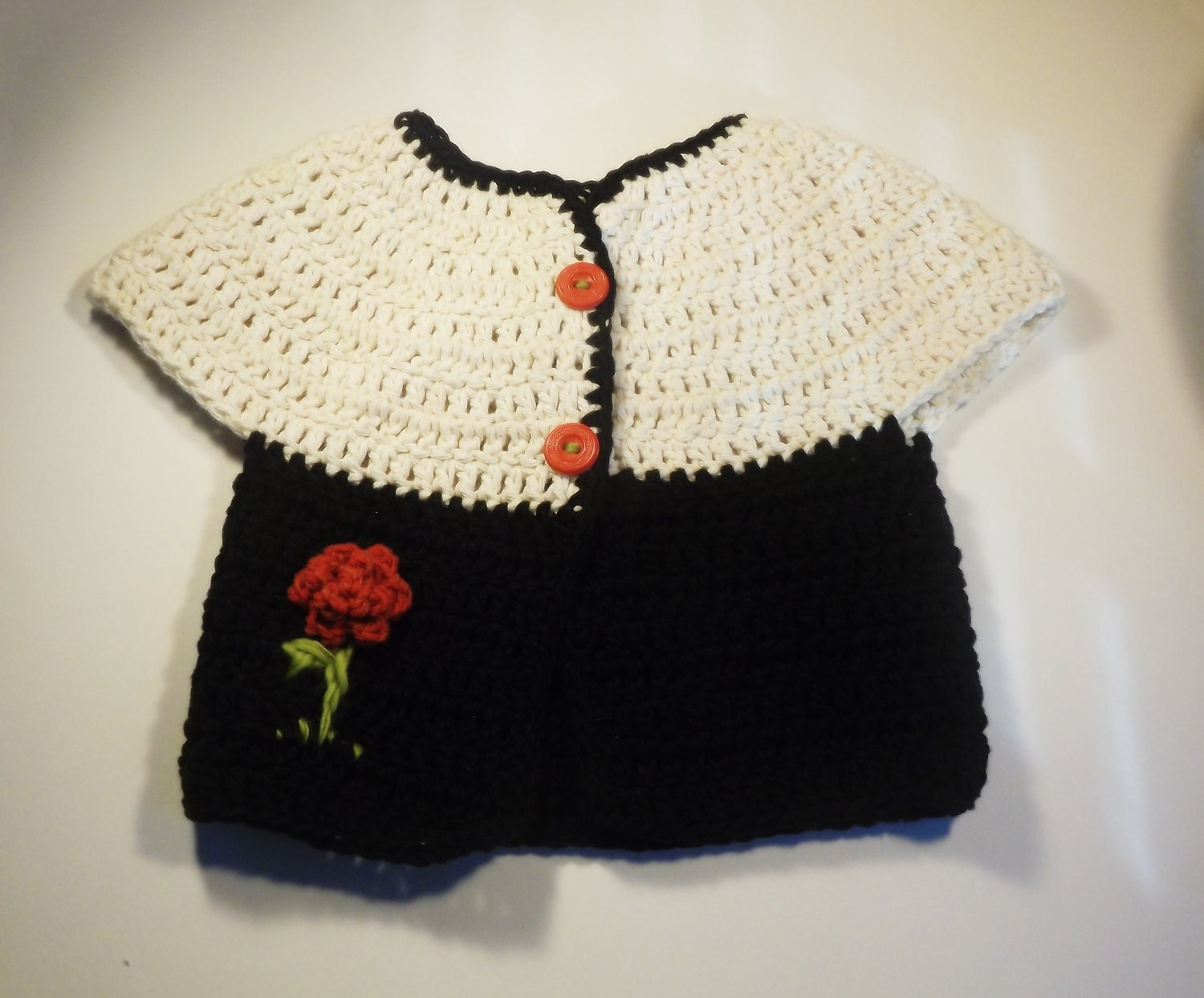 Baby Sweater, ecru and white, with embroidered rose and vintage buttons  READY TO SHIP
