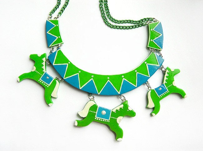 Necklace Carousel Green Horses. circus necklace, funny bright jewelry
