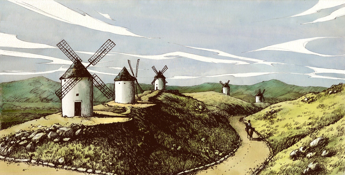 La Mancha Spain Windmill Illustration 11x17