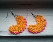 Crochet Dangle Earrings - Bright Orange with Pink Beads