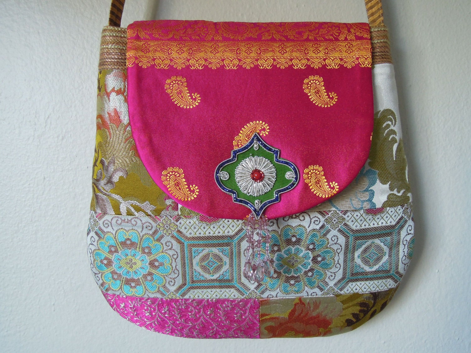 CROSS BODY MESSENGER Bag as a One Of a Kind Handmade from Unique Silk/Brocade Fabrics with a Colorful Beaded Tassel.