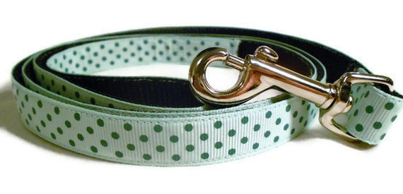 Dog leash lead - green polka dots ribbon nylon backing - 4 feet long