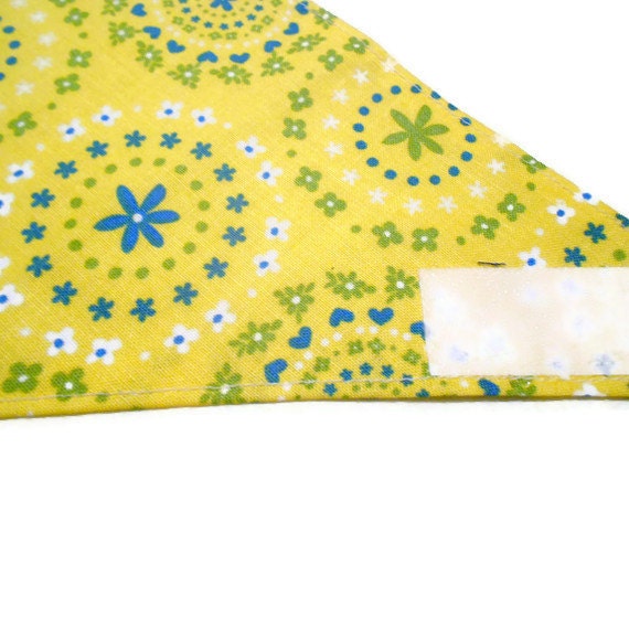 Dog Bandana - Yellow with Blue Flowers and Hearts - Velcro