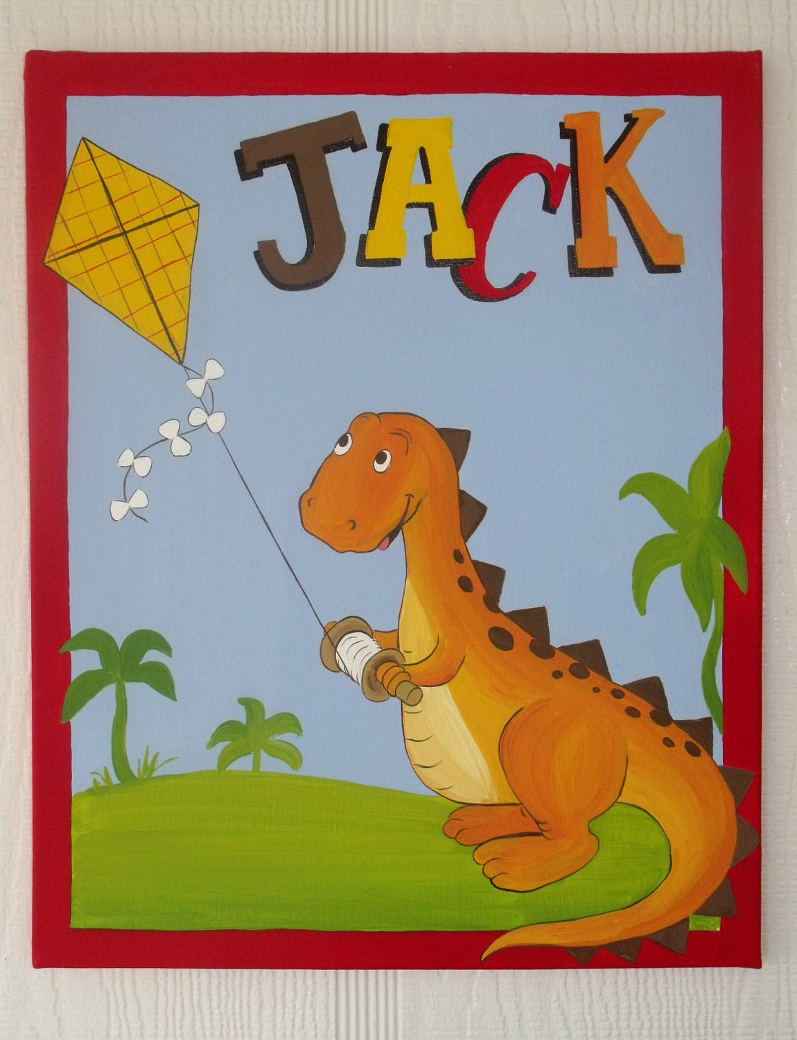 Personalized Dino Painting on Canvas, Children's Art, Boys Room Wall Decor, Dnosaur, T-rex