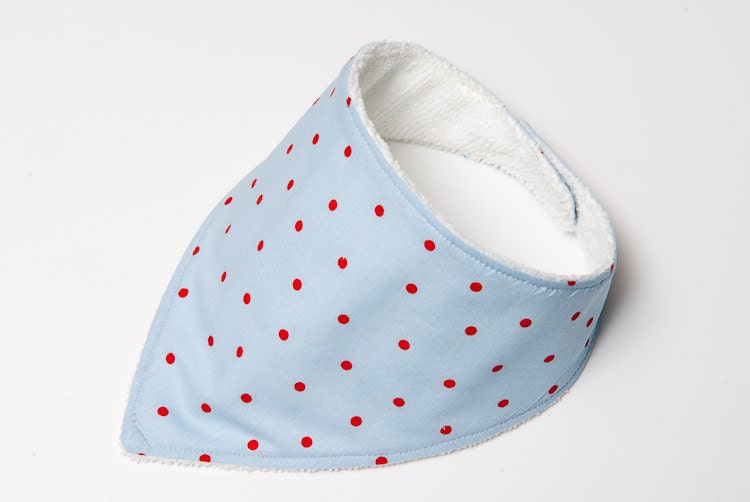 Baby Neckerchief Dribble Bib - Blue and Red Spotty Dot Fabric