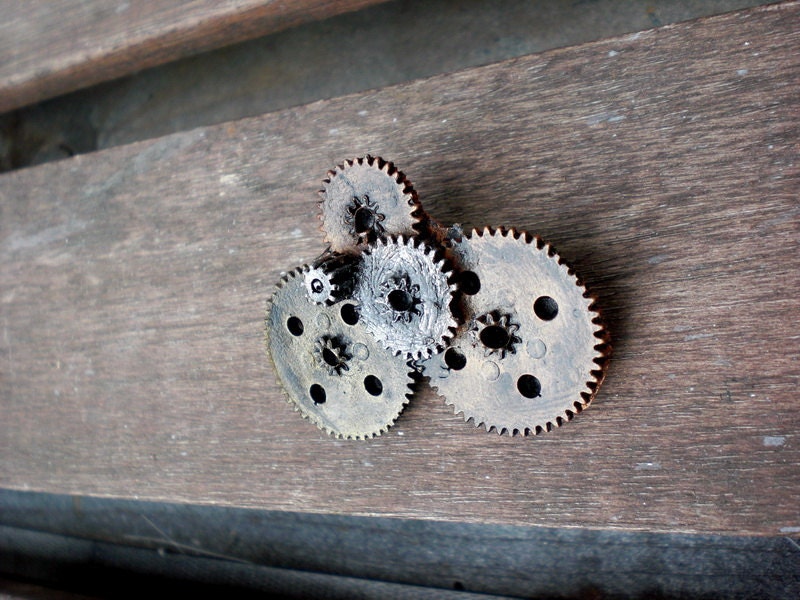 Steampunk gears brooch - one piece acrylic resin - handmade and hand painted one of a kind