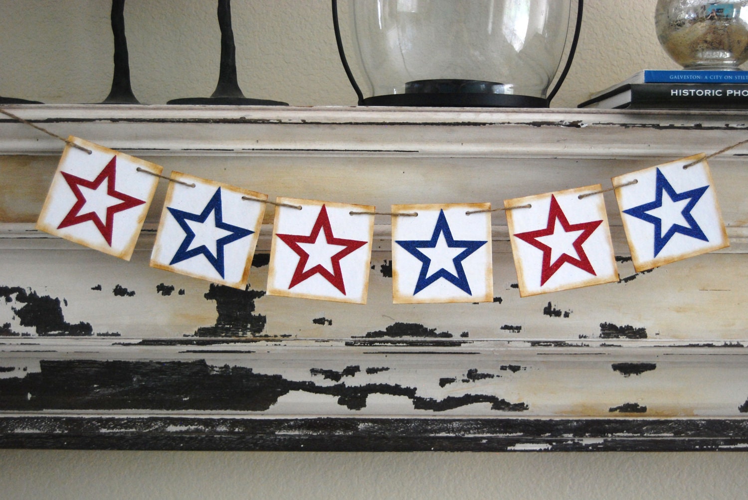 4th of July Vintage Patriotic Banner Garland Pennant- Stars - Red White Blue - Decoration or Photo Prop