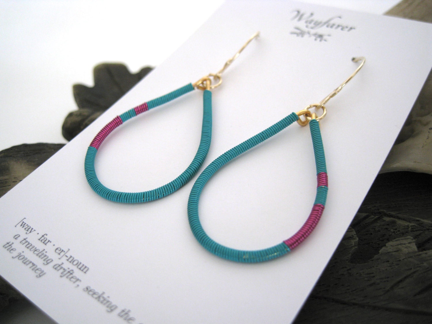 14K Gold Fill and Gold Plated Turquoise and Fuchsia Pink Wire Wrapped Teardrop Hoop Earrings
