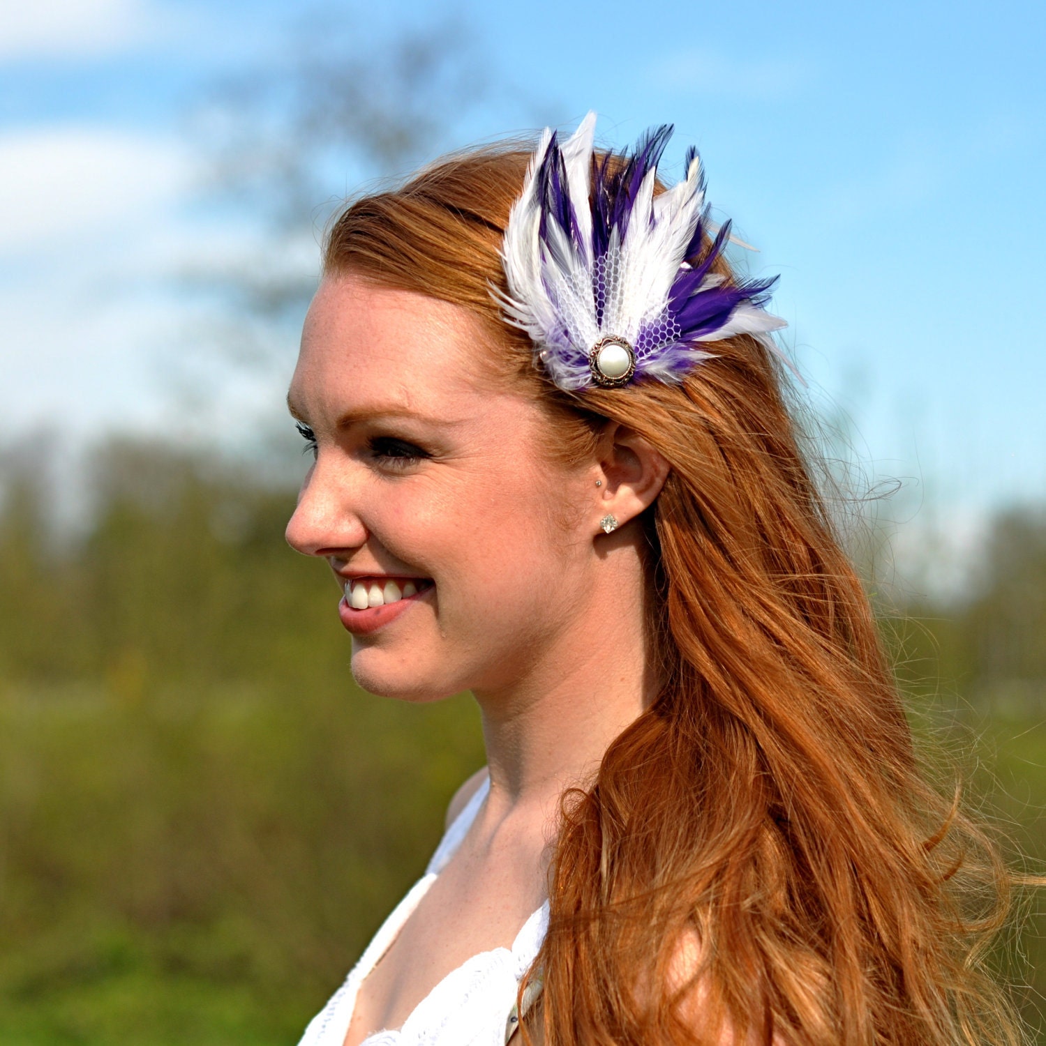 Bridal Feather Fascinator White and Purple with Pearl Embellishment