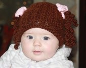 6-12 Months old Baby Doll Hat Crochet Beanie with Pigtail Curls and Bows