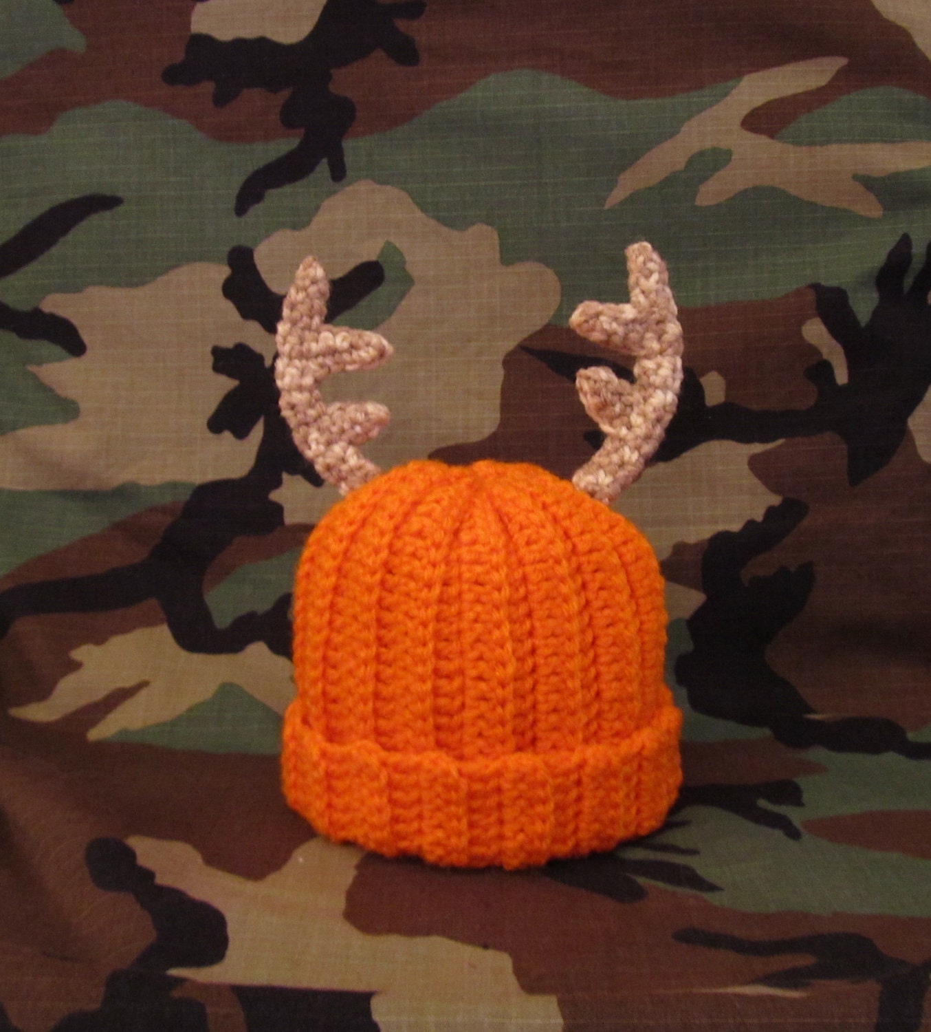 Daddy's Little Deer Hunter Crochet Blaze Orange Beanie Hat with Antlers -Newborn/Infant