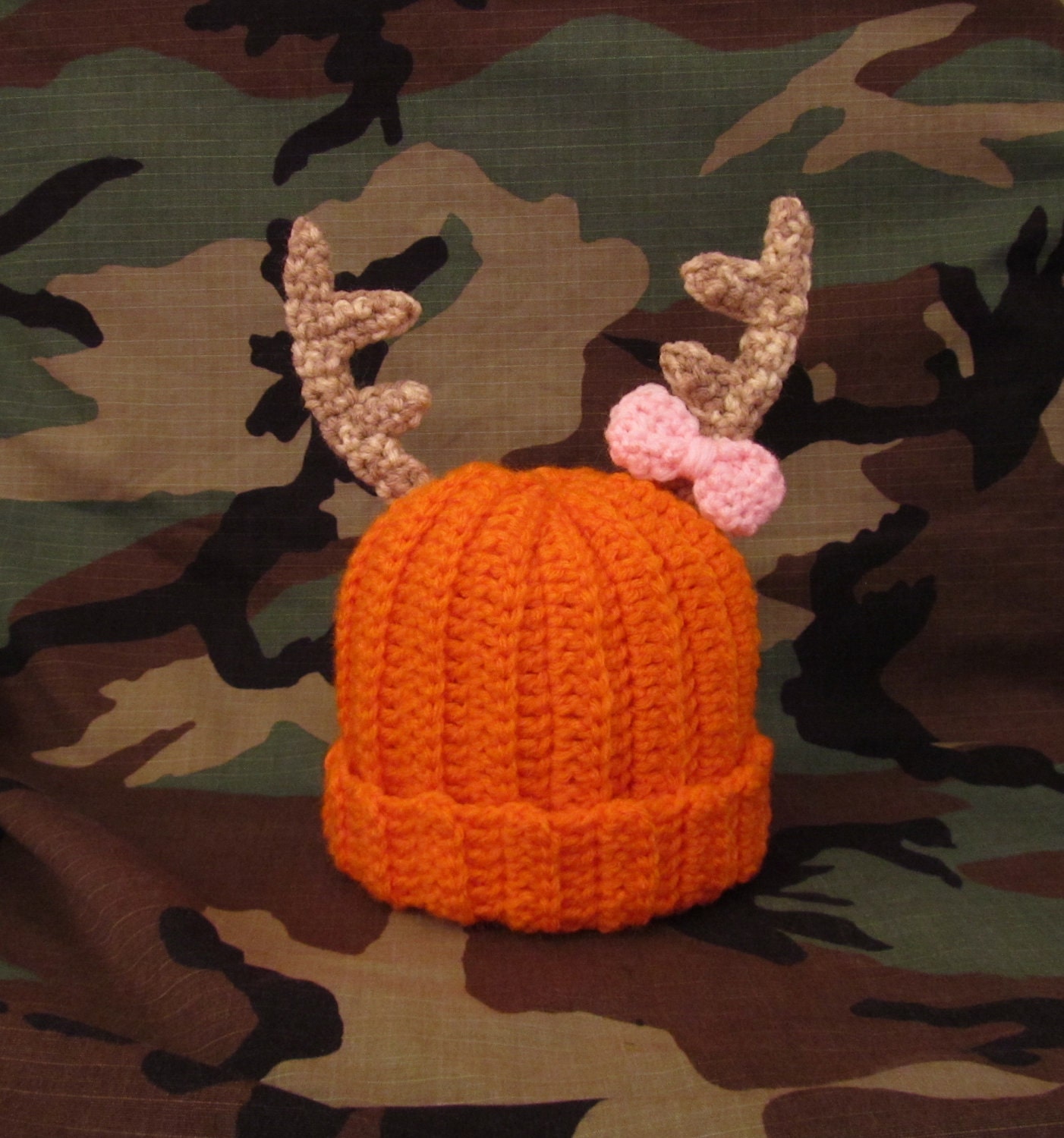 Daddy's Little Deer Hunter Crochet Blaze Orange Beanie Hat with Antlers -Newborn/Infant