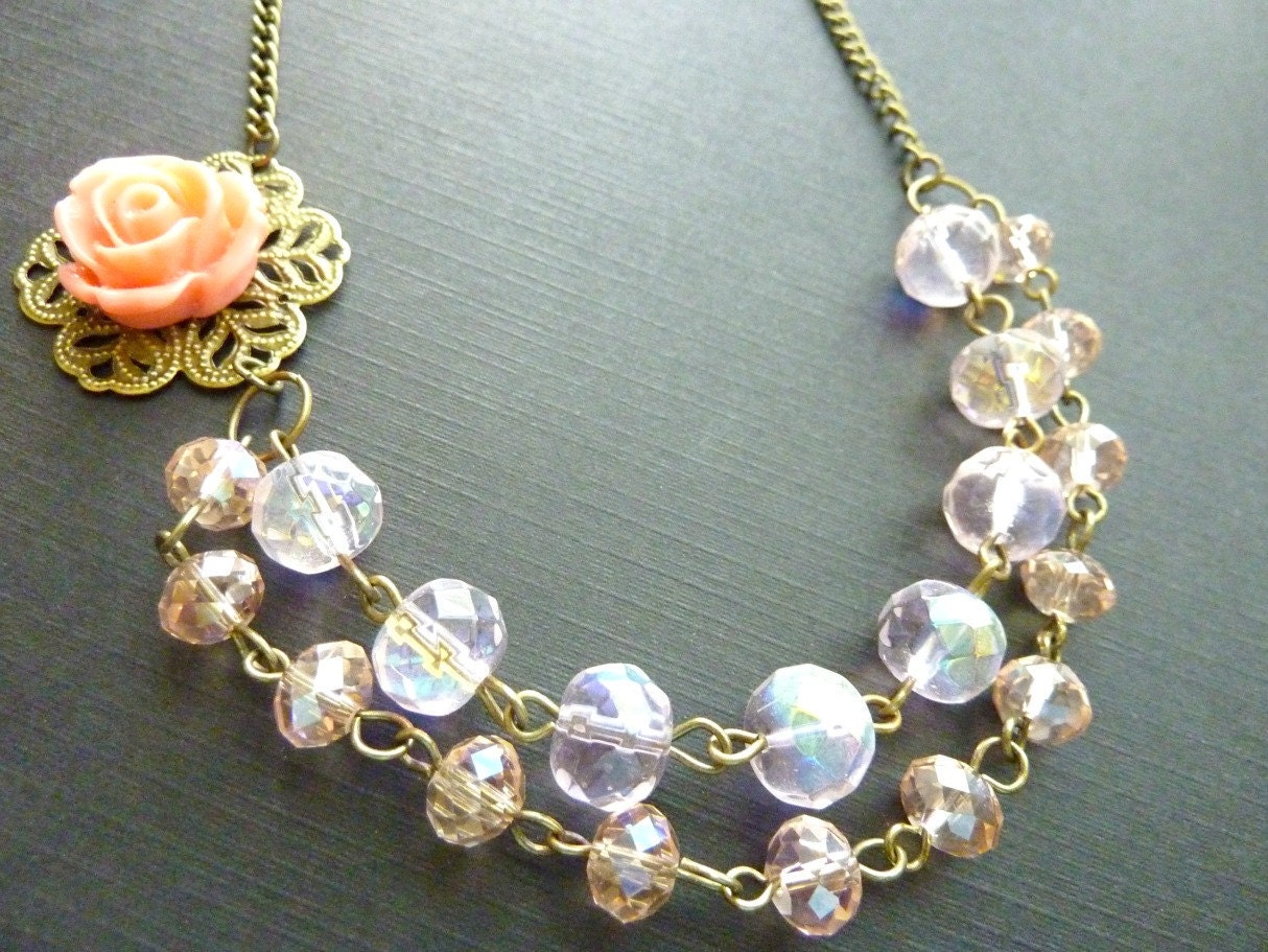 Vintage necklace flower necklace rose bib asymmetrical champagne pastel pale pink crystals double strand