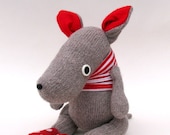 Oatmeal Nosey Creature - Handmade plush sculpture - woollen body with bright red felt ears and spotted feet