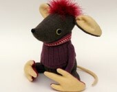 Brown Mouse with magenta  hair - Handmade plush sculpture - with woollen brown body, feathery magenta hair, large felt feet and tail.
