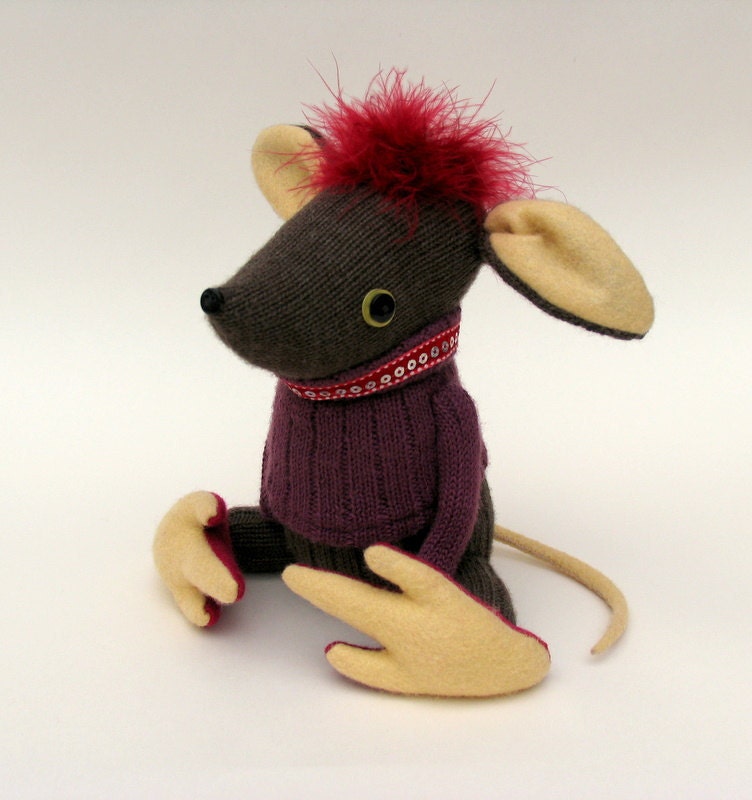 Brown Mouse with magenta  hair - Handmade plush sculpture - with woollen brown body, feathery magenta hair, large felt feet and tail.