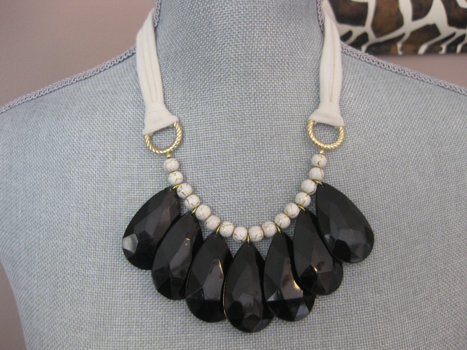 Black and Cream Statement Bib Necklace with Jersey Tie & Gold Crackle Beads