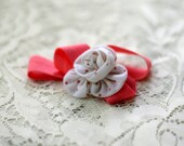 white and pink polka dot fabric flower headband-infant size