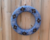Argyle Wreath: Blue, Brown, Grey and Silver Yarn Wrapped Wreath