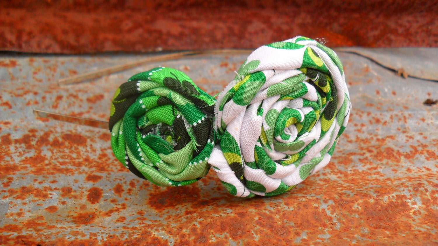 St Patricks Day Headband - Rolled Fabric Flower Rosettes with Green Clovers and Shamrocks