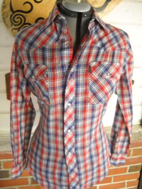 vintage plaid  jc penney PLAID snap up western work shirt