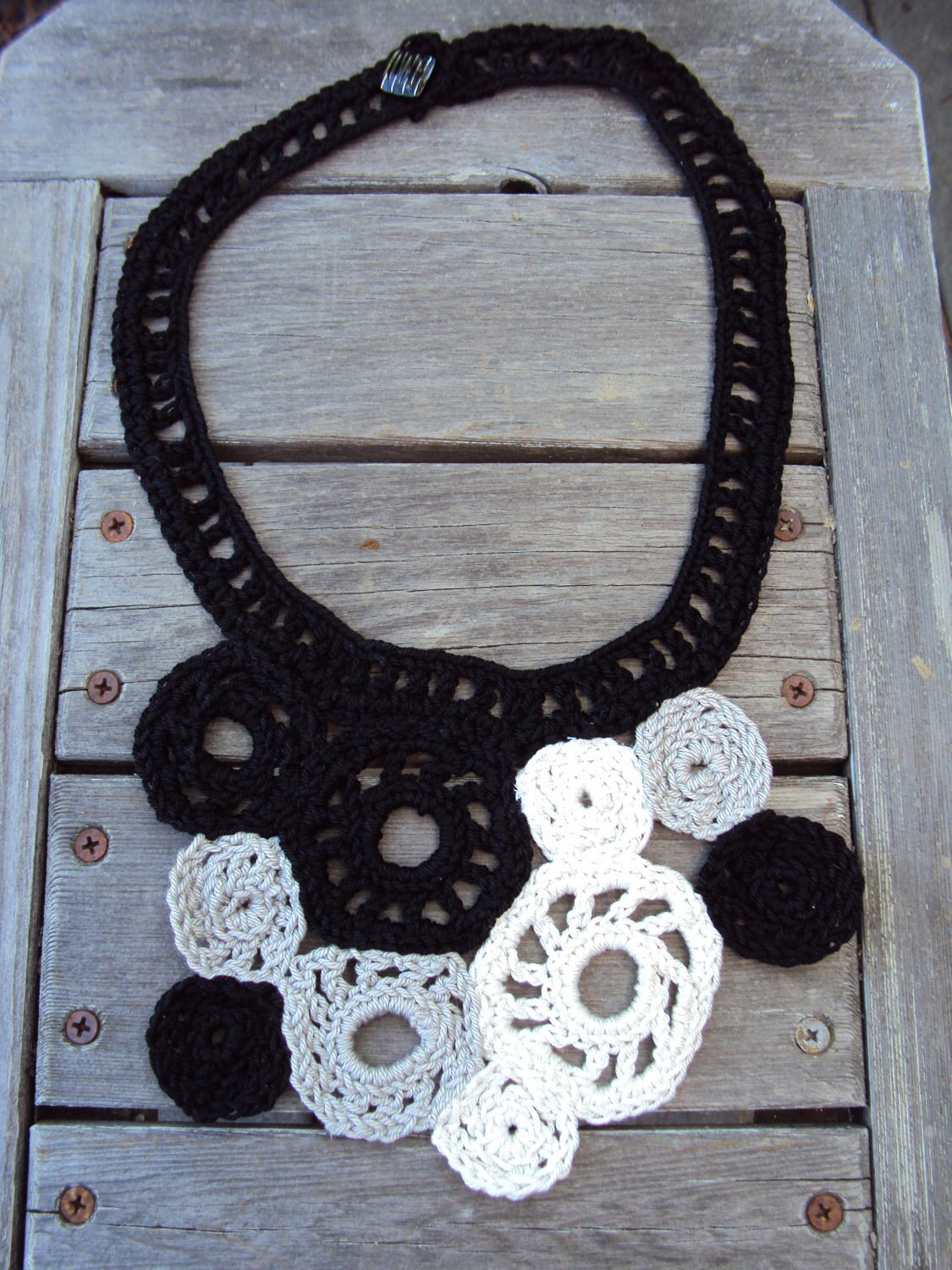 Crocheted Jewelry Statement Necklace Black White Grey Modern Geometric Circle Jewelry Spring Summer