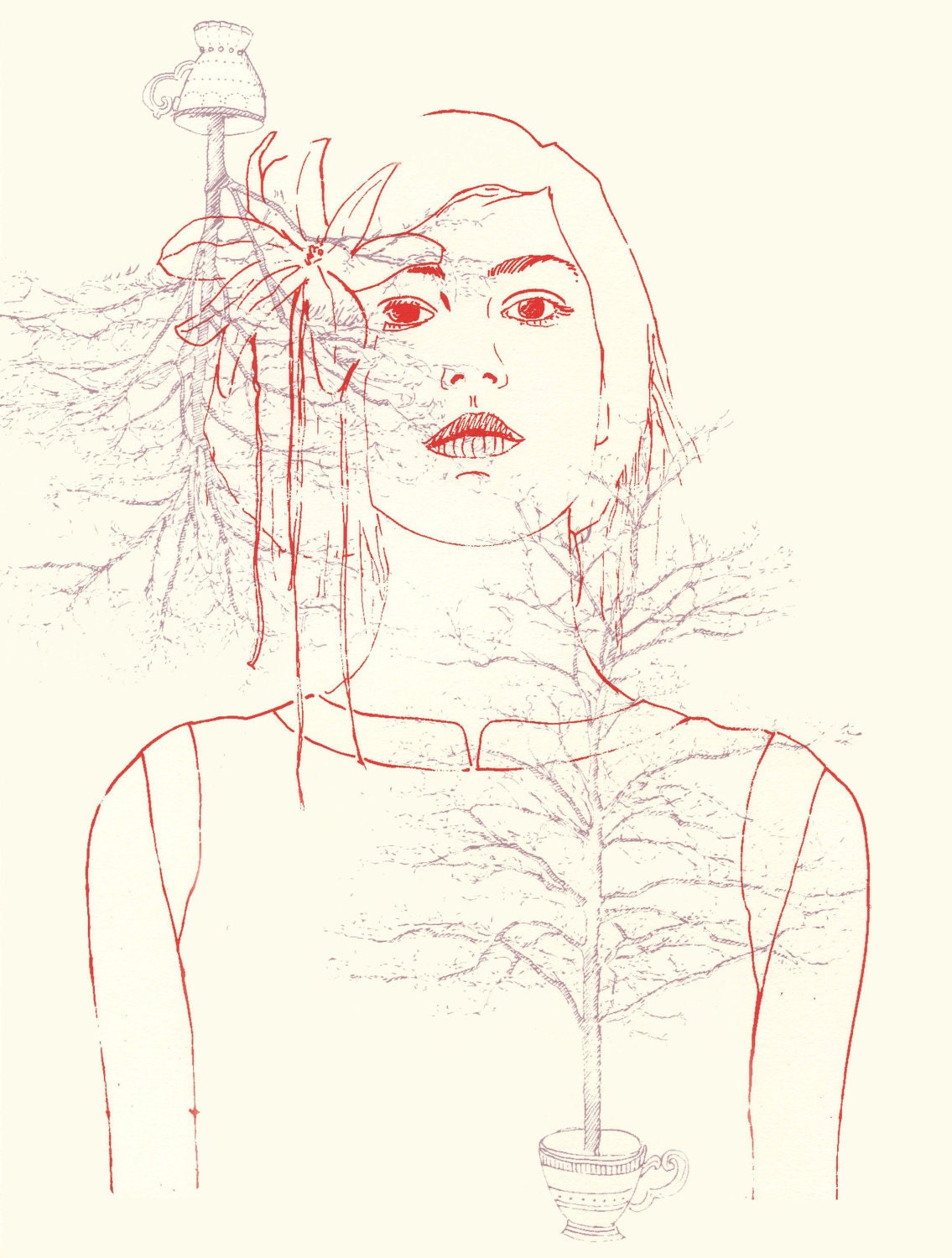 Print of Screenprint Illustration, Fashion Illustration, Linear Fashion Illustration, Woman, Teacups, Trees