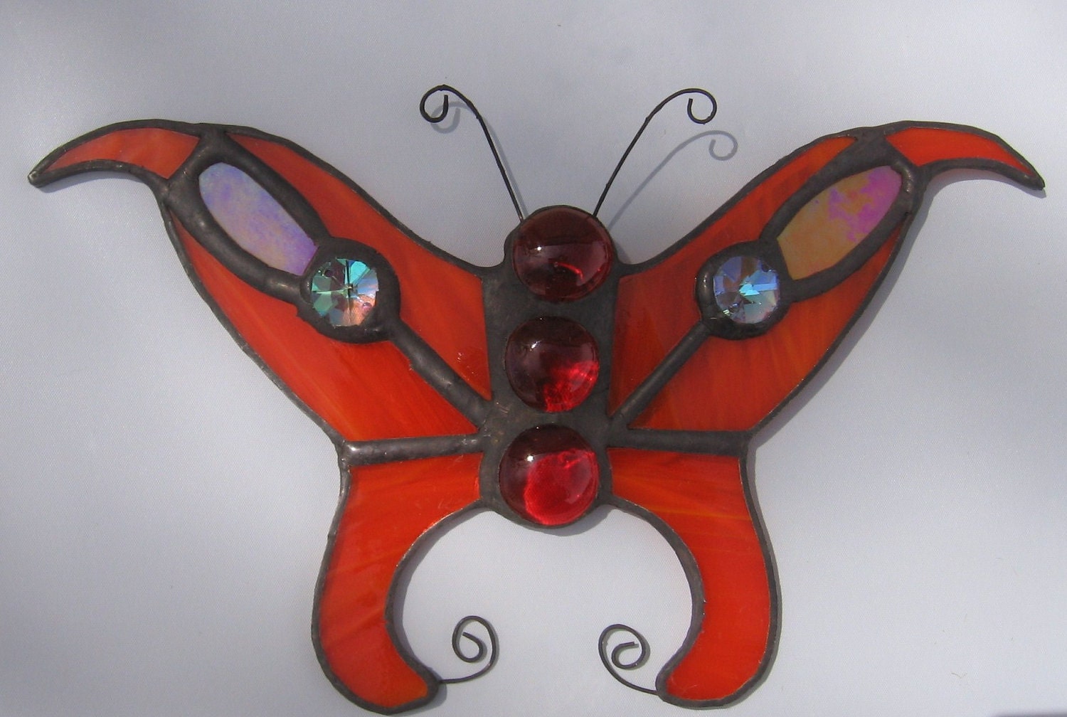 Butterfly Stained Glass Suncatcher in Orange with Red Accents