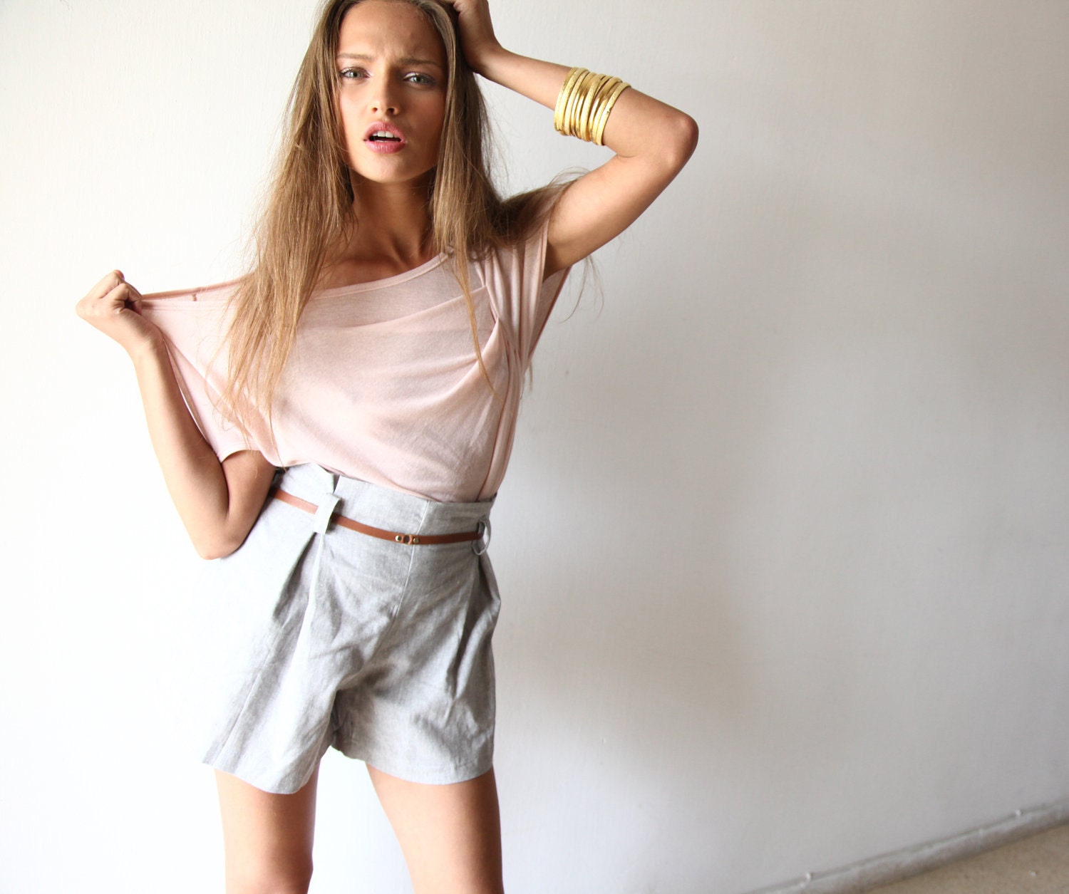 Feminine Top with Short Sleeves , Casual Chic Women Top , Pink