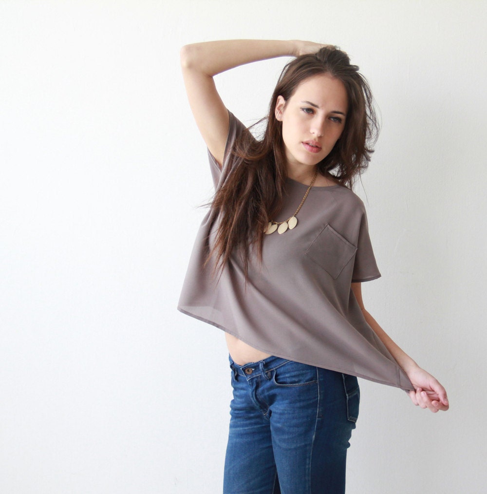 Crop Milky Brown Blouse, Boxy Silky Shirt