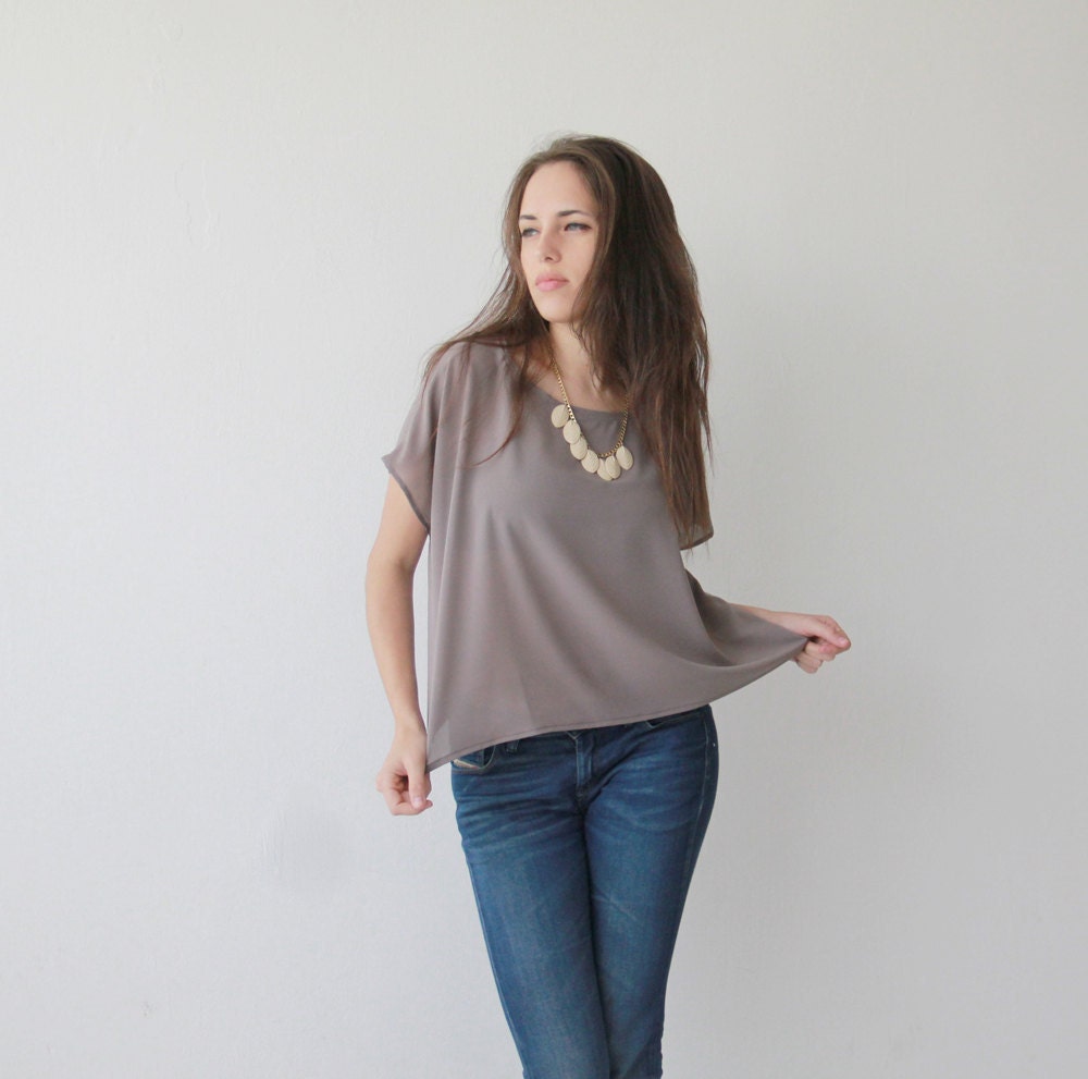 Crop Milky Brown Blouse, Boxy Silky Shirt