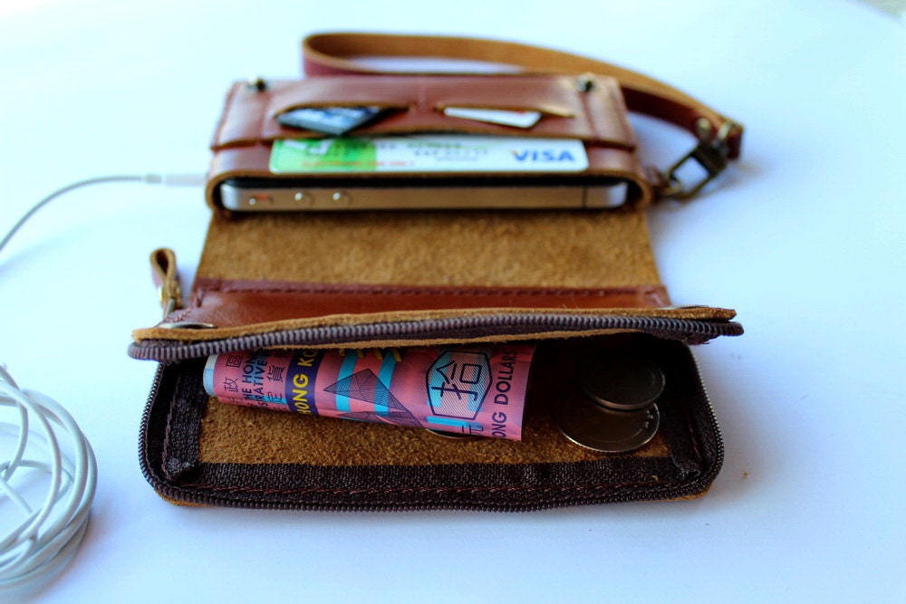 Brown Bifold leather  iPhone  wallet  wristlet   with large zipper