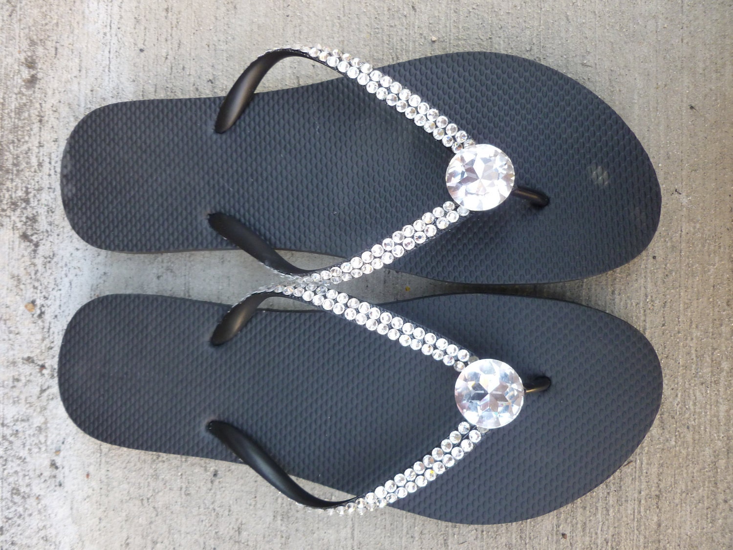 Spring BLING- Black Crystal Flip Flops With Giant Rhinestone Center
