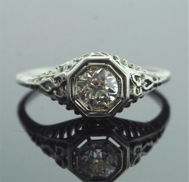 Antique Diamond Ring - Edwardian 18k White Gold Ring with European Cut Diamond