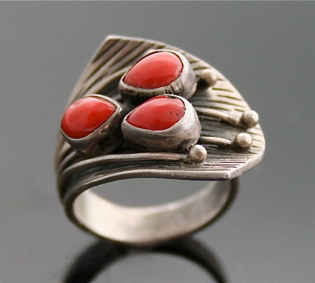 Coral Ring - Sterling Silver and Red Coral Ring