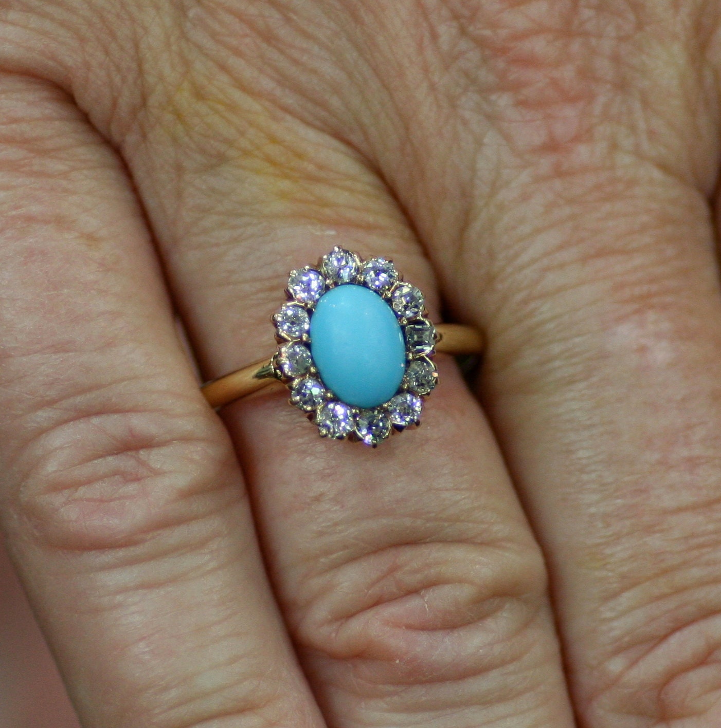 Antique Turquoise Ring - 14k Yellow Gold, Turquoise, Diamonds