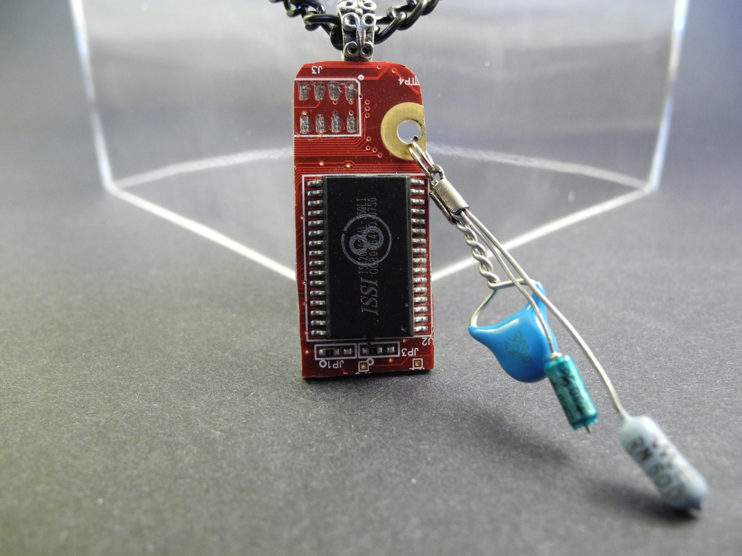 Red Computer Circuit Board Necklace and Blue Lucky Charm