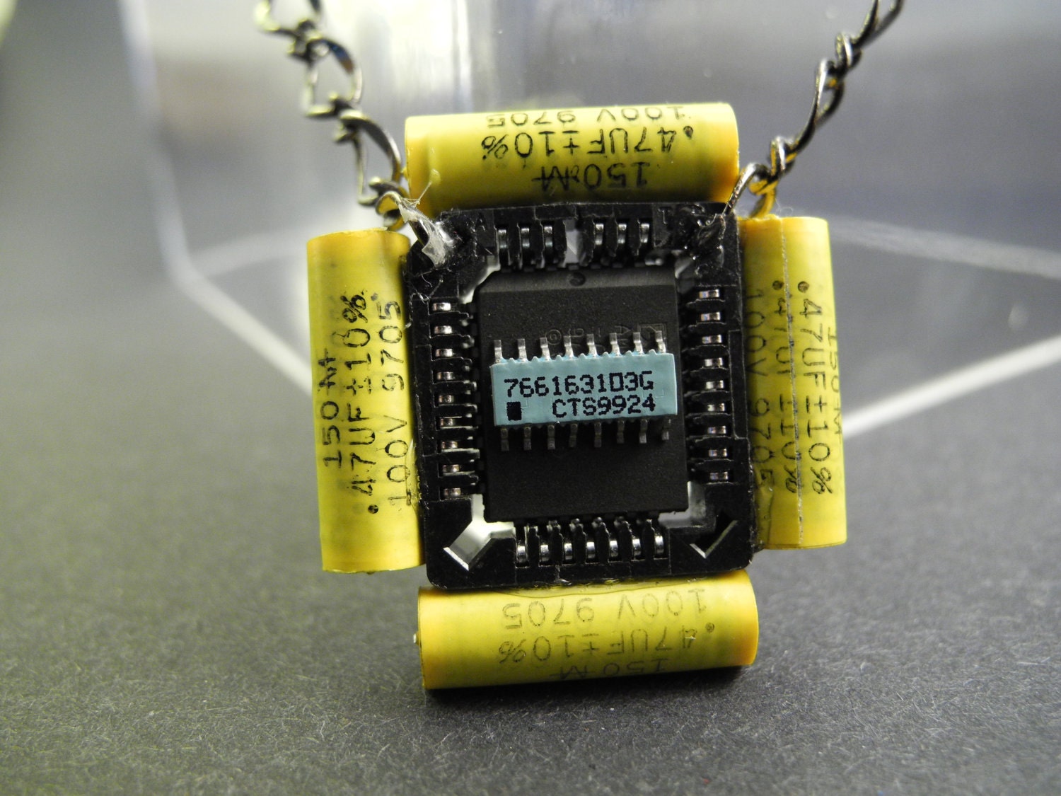 Square Computer Chip and Nuclear Yellow Capacitor Necklace