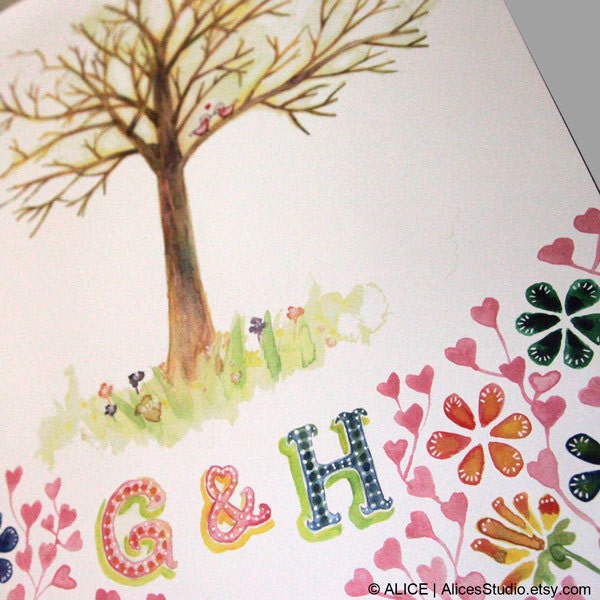 Wedding Guest Book Tree Personalized Wedding Print  - Love Birdies - 16x20 in - 70-100 Thumbprints and Signatures - Free Gift with Purchase