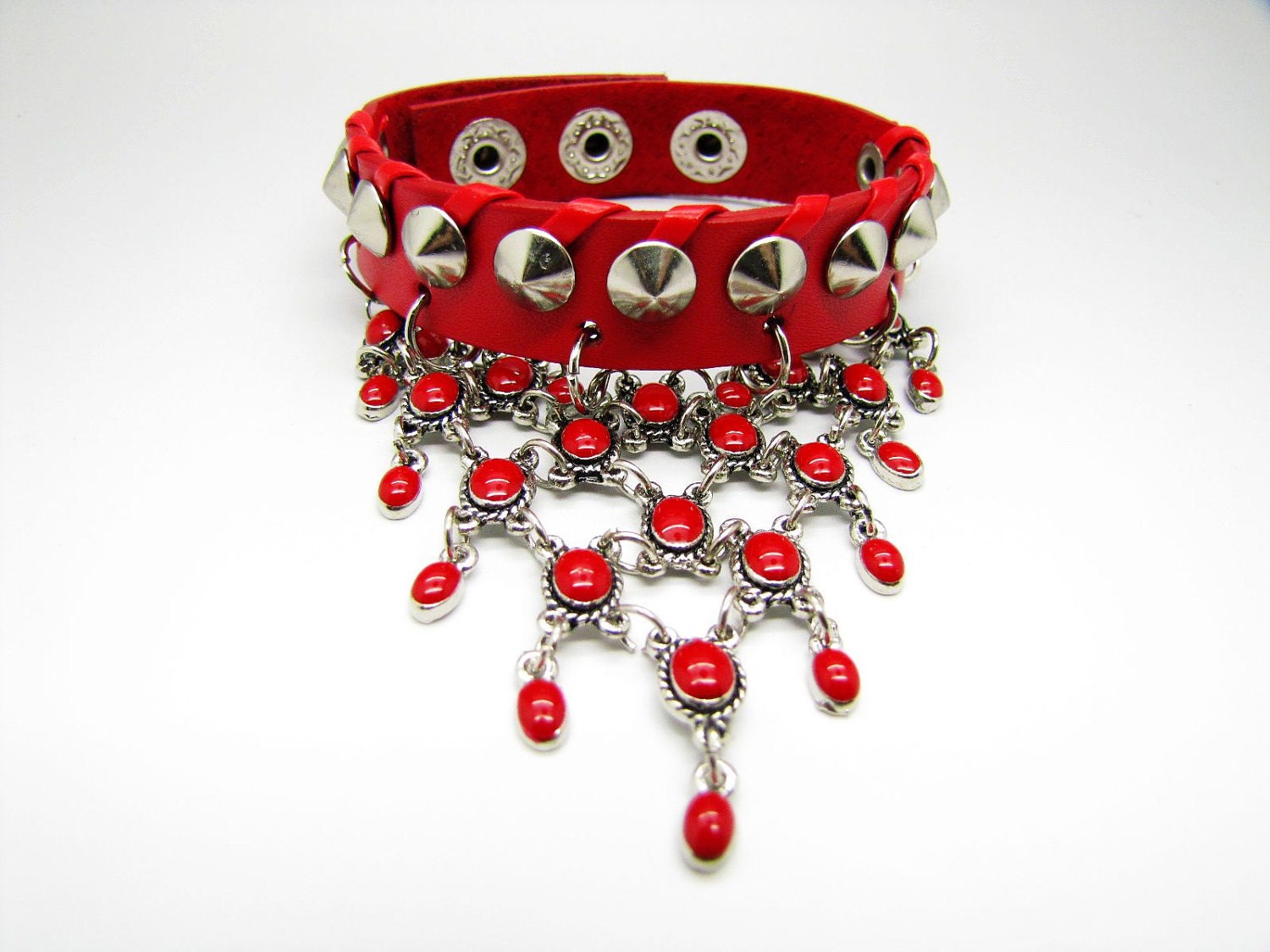 Red Leather Fashion Chain Elegant Cuff Bracelet , Women's Leather Bracelet, Friendship Gift 573A