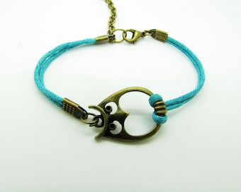 Blue Hemp Ropes Bronze Owl Pendant Cuff Bracelet, Women Ropes Bracelet Women Jewelry Bangle   593A