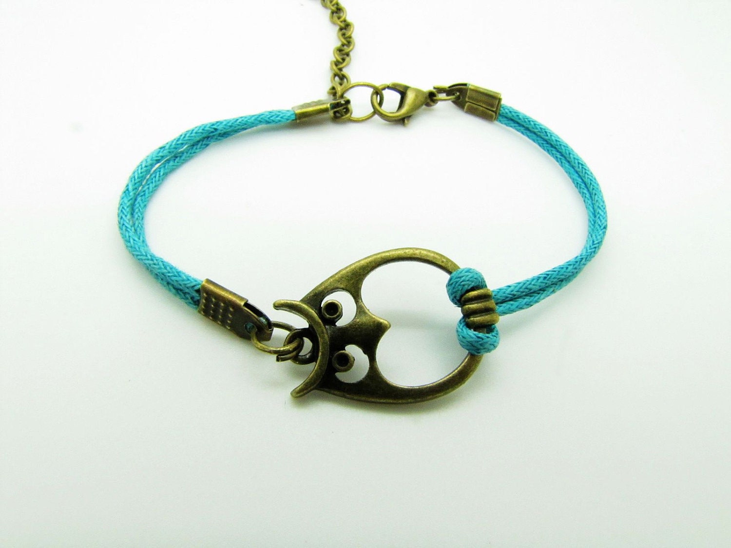 Blue Hemp Ropes Bronze Owl Pendant Cuff Bracelet, Women Ropes Bracelet Women Jewelry Bangle   593A