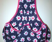 Mary's Child's Harvesting/Cooking/Art Aprons 100% Cotton Print Fabrics (navy w/ white/pink daisy polka dots)